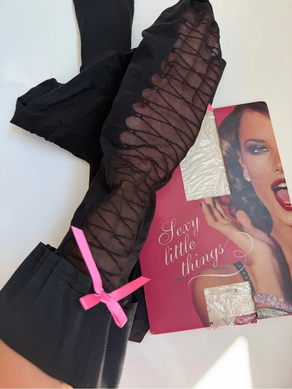 Vintage Victoria Secret, Black Sheer Thigh-High Stockings with Pink Bow Accent